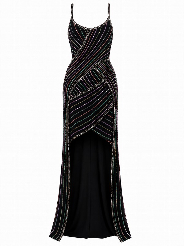 【新品DRESS 963】レインボーストライプビジューロングテールタイトロングドレス ブラック【asos】